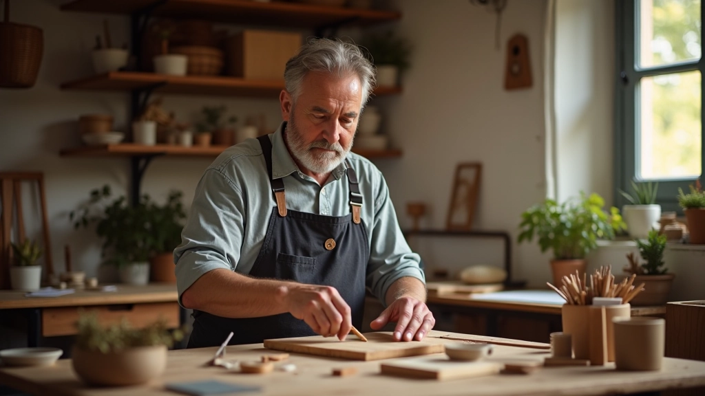Artisan créant des produits faits main dans un atelier lumineux avec outils et matériaux visibles