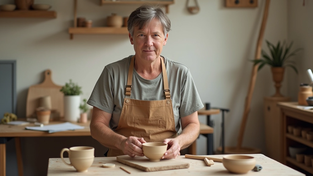 Artisan créant des produits faits main dans un atelier lumineux avec outils et matériaux visibles