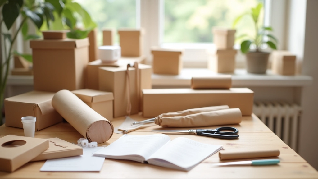 Matériaux artisanaux, fournitures, et emballage organisés sur une table de travail