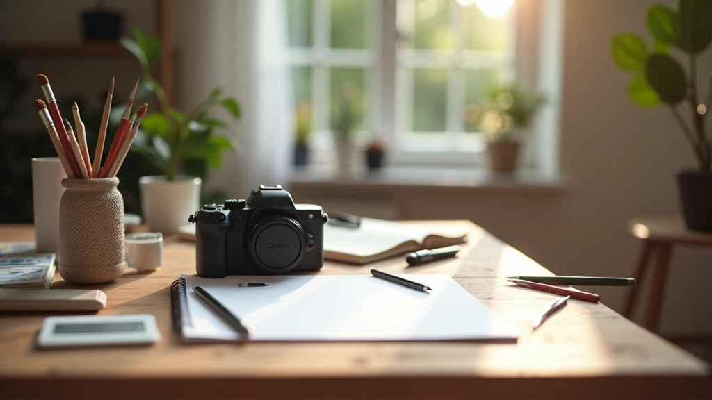Hobby créatif avec appareil photo, carnet de croquis et fournitures artistiques sur surface de travail