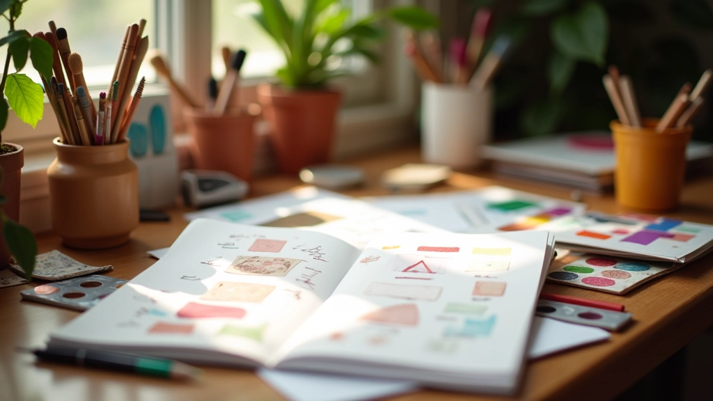 Espace de travail créatif avec outils artisanaux, carnets et inspiration