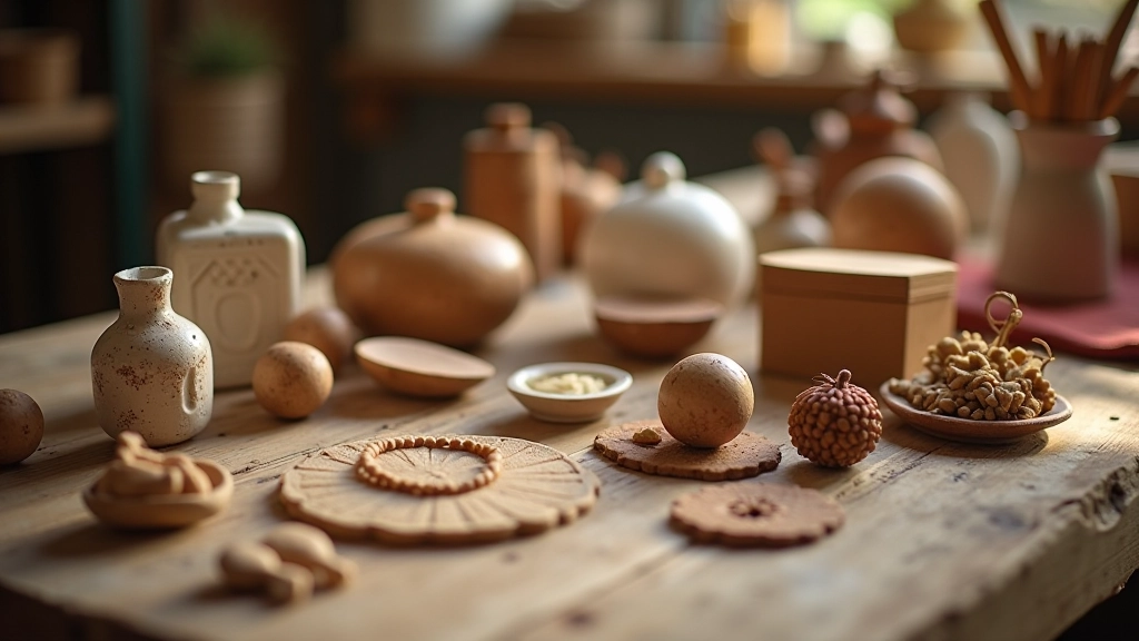Détail de produits artisanaux et créations manuelles sur table en bois