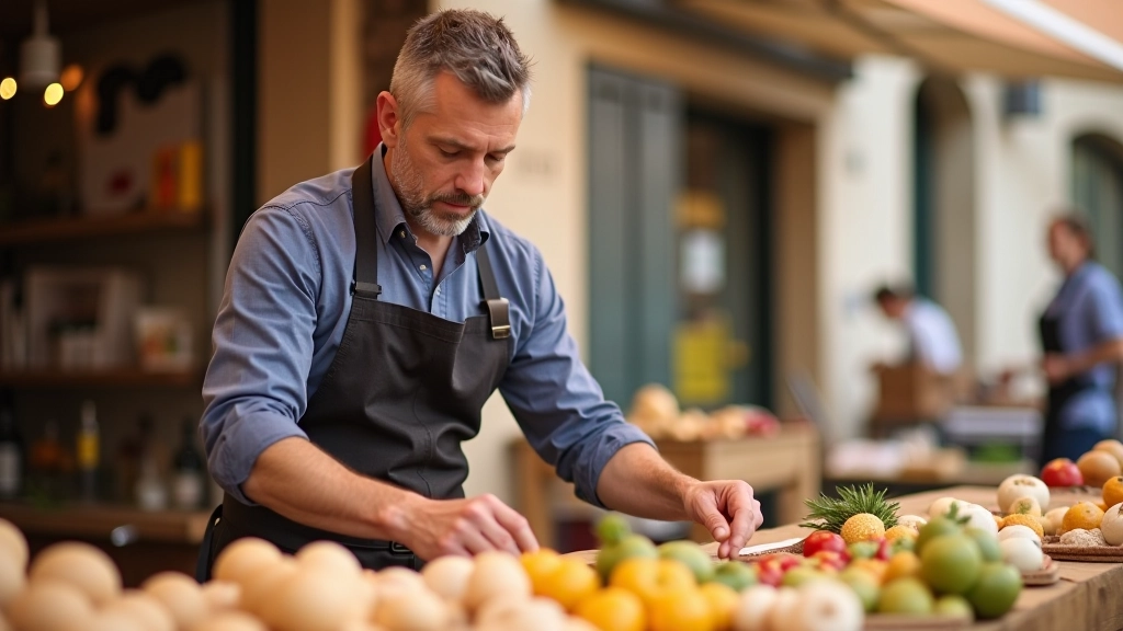 Vendeur à un marché local arrangeant ses produits sur un étalage avec des clients en arrière-plan