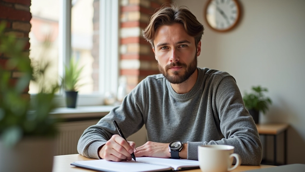 Personne notant ses idées de projet dans un carnet avec un café à proximité