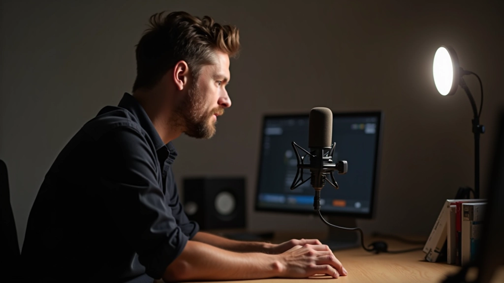 Personne enregistrant une vidéo pédagogique avec un microphone de qualité et un éclairage professionnel