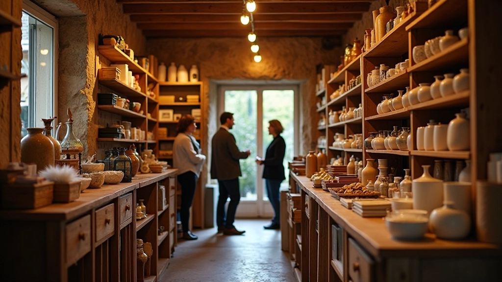 Vue d'une petite boutique communautaire avec des étagères de produits locaux et artisanaux