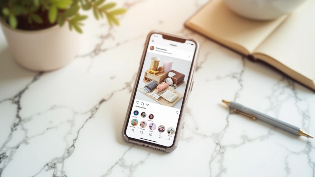 Téléphone affichant Instagram Shop avec produits artisanaux et options de paiement