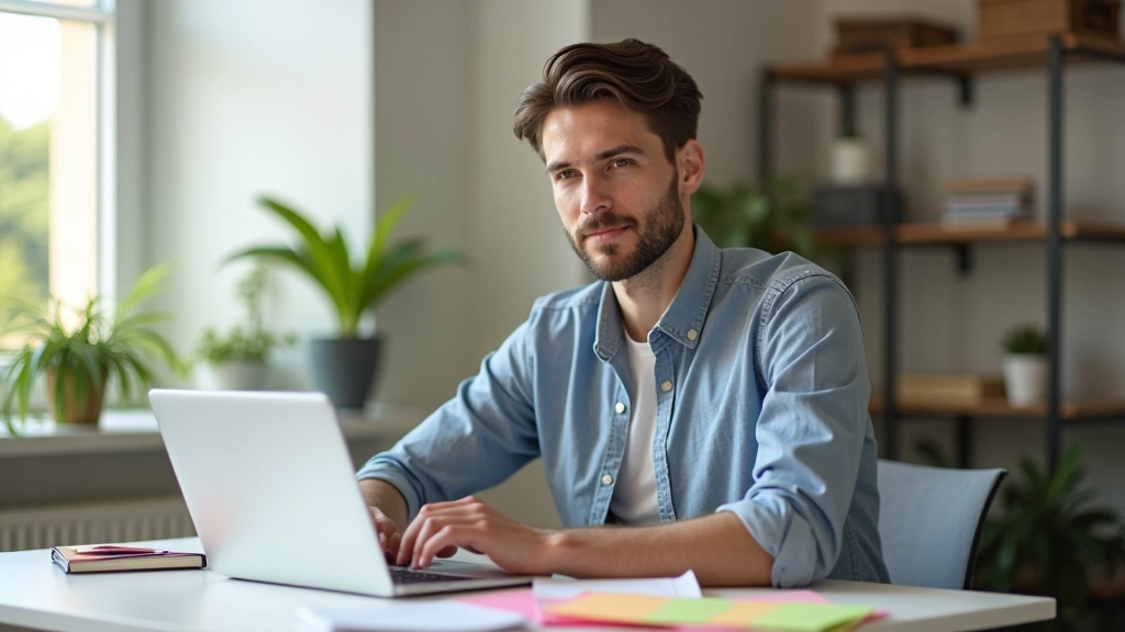 Personne créant un atelier en ligne avec ordinateur portable, notes colorées et matériel pédagogique