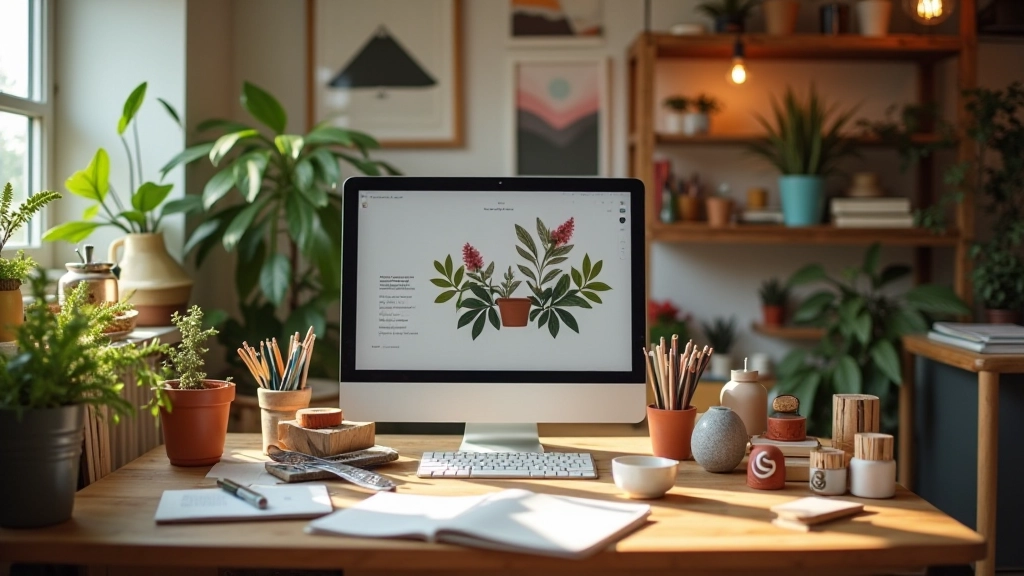 Espace de travail créatif avec produits artisanaux et outils numériques