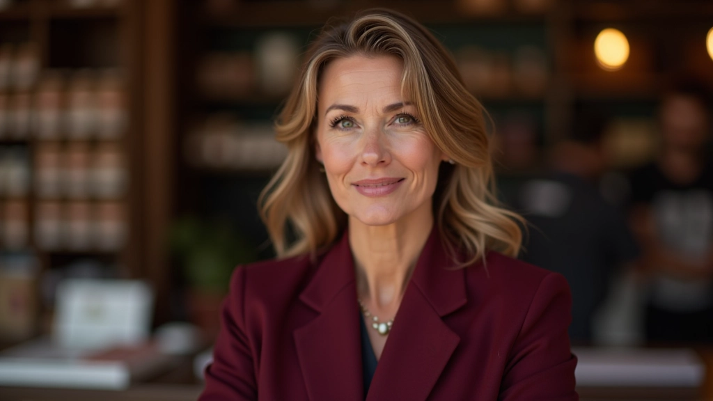 Femme tenancière d'un petit commerce local, portrait professionnel en blazer dans un marché